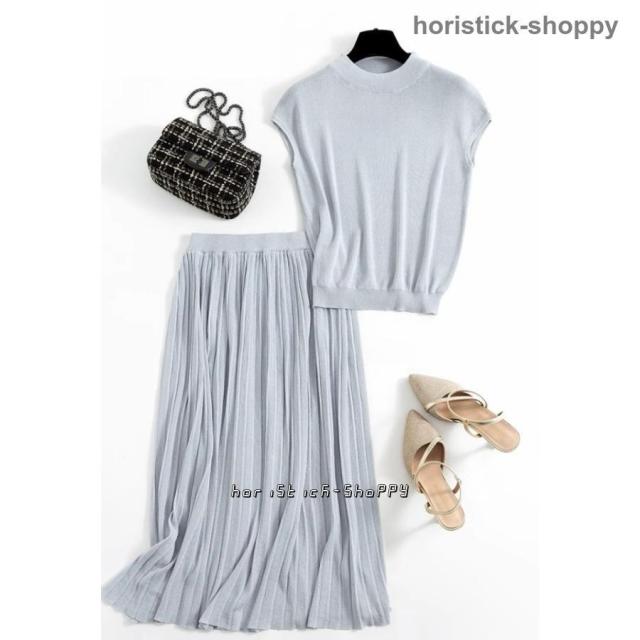 セットアップ レディース サマーニット フレンチスリーブ ニット きれいめ ミモレ丈 スカート ロング Aライン シンプル 大きいサイズ 3L 黒 春 夏 ウエストゴム セットアップ レディース サマーニット フレンチスリーブ ニット