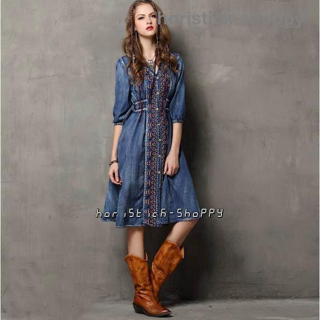 デニム ワンピース シャツワンピース 五分袖 半袖 膝丈 エスニック 柄 Vネック カジュアル 体型カバー かわいい Aライン ボタン 春 春服 大きいサイズ デニム ワンピース シャツワンピース 五分袖 半袖 膝丈 エスニック 柄