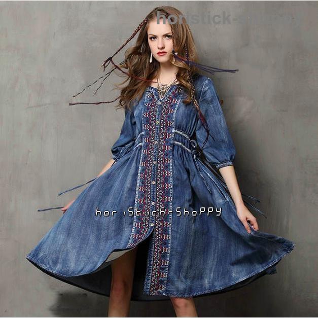 デニム ワンピース シャツワンピース 五分袖 半袖 膝丈 エスニック 柄 Vネック カジュアル 体型カバー かわいい Aライン ボタン 春 春服 大きいサイズ デニム ワンピース シャツワンピース 五分袖 半袖 膝丈 エスニック 柄