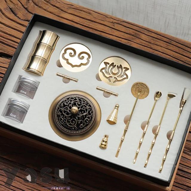 香道具セット Incense Set 真鍮製お香作りキット 12個セット DIY逆流タワー お香コーン型 スプーン プレス シャベル ブラシ お香型ツールセット 瞑想用ホームフ