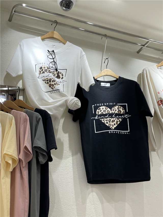 Tシャツ レディース 白 黒 ゆったり カジュアル ロゴ 半袖 ハート柄