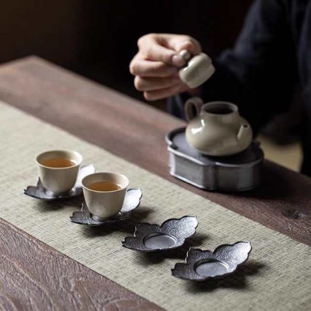 茶道 茶托 錫〔すず〕製 皿付き茶托かな？5客 - 工芸品