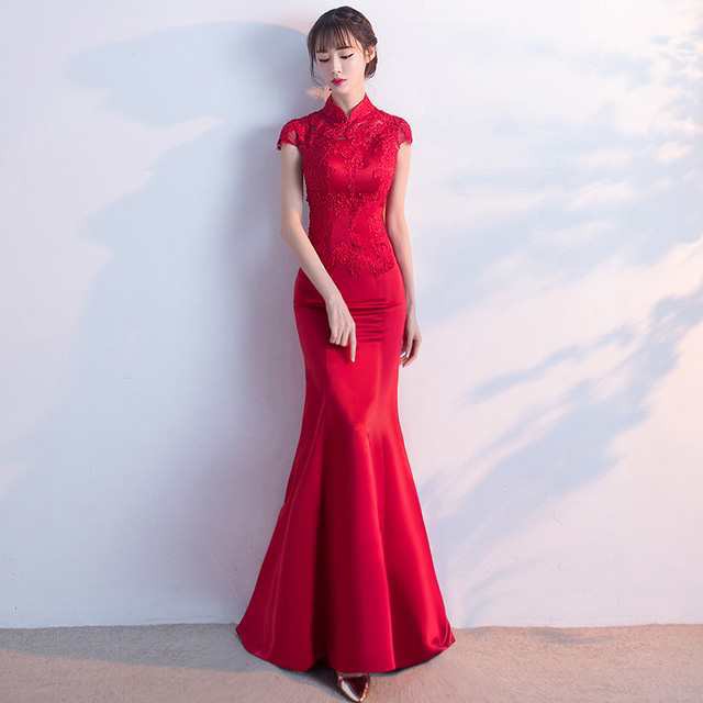 チャイナドレス 赤 マーメイドドレス ロング イブニングドレス 袖あり
