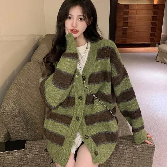 レディース トップス ニット セーター カーディガン 襟なし 長袖 Vネック ボーダー ゆったり ラフ こなれ感 ラフ カジュアル 大人可愛いの通販は