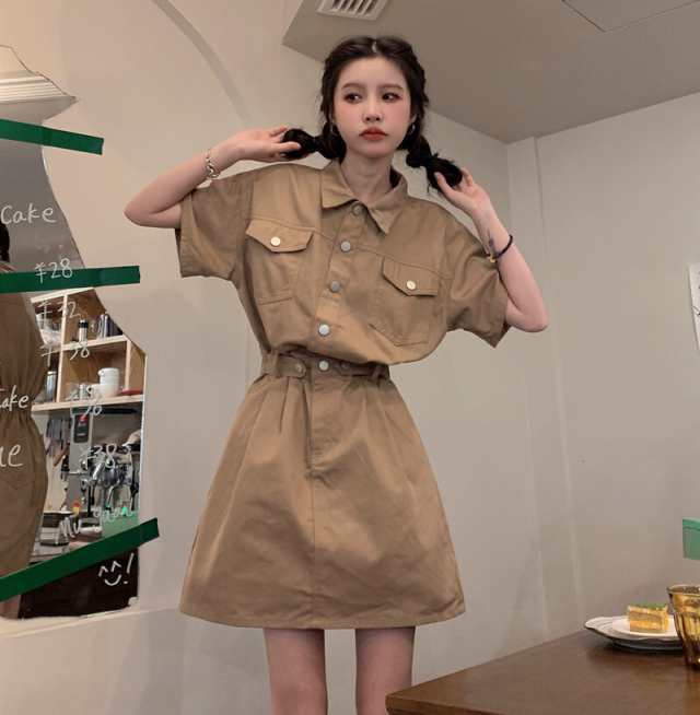 ワンピース ミニ ミニ丈 ショート ショート丈 袖あり 半袖 Vネック 襟付き Aライン ウエストマーク ポケット かわいい カジュアル おしゃの通販は