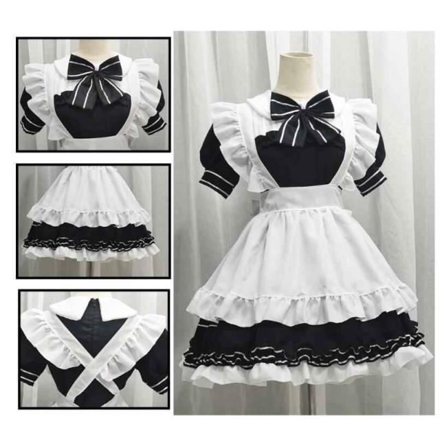 メイド服 コスプレ衣装メイド ワンピース ハロウィン仮装 4点セット ロリータ ゴスロリ レディース コスチューム フルセット可愛いリボン髪飾り全店二点送料無料