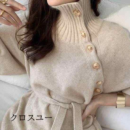 ニットワンピース 冬 ロング タイト 大きいサイズ 秋冬 ハイネック ボタンスリット ウエストリボン 体型カバー ゆったり 大人かわいい デート 女子会の通販は
