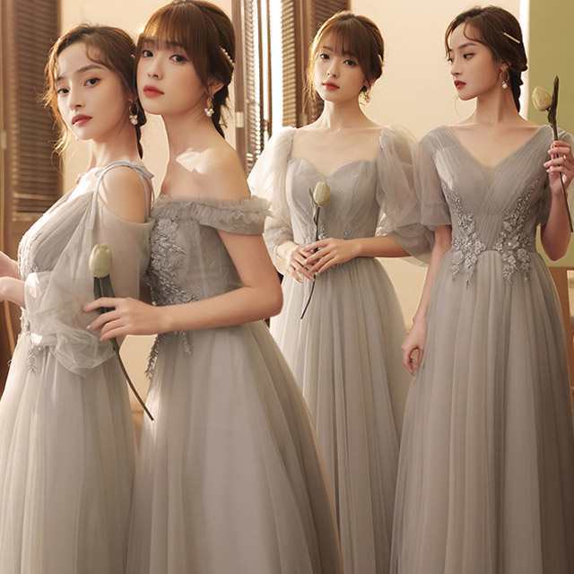 ブライズメイドドレスグレーロング丈結婚式ドレスオフショルダーVネックロングドレス発表会演奏会パーティードレス二次会ドレの通販は