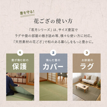カーペット い草カーペット 本間6畳 裏なし　柄上敷き 花ござ 裏なし 市松柄 若月 グリーン ブラウン 送料無料_1