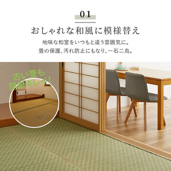 カーペット い草カーペット 本間6畳 裏なし　柄上敷き 花ござ 裏なし 市松柄 若月 グリーン ブラウン 送料無料_2
