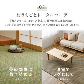 カーペット い草カーペット 本間6畳 裏なし　柄上敷き 花ござ 裏なし 市松柄 若月 グリーン ブラウン 送料無料_3