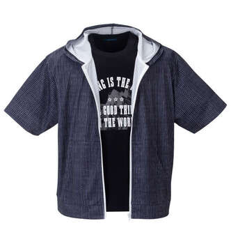 大きいサイズ COLLINS メッシュヒッコリー風プリント半袖フルジップパーカー+半袖Tシャツ 3L 4L 5L 6L  MC842442-57958 ラッピング可 送料無料 即日発送