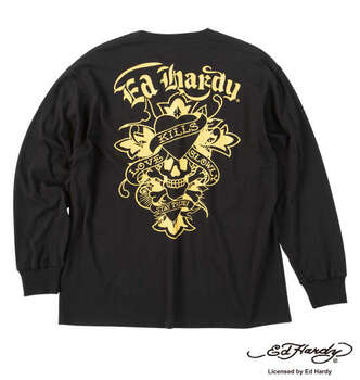 大きいサイズ Ed Hardy 天竺プリント長袖Tシャツ 3L 4L 5L 6L ブラック×ゴールド ラッピング可 送料無料 即日発送