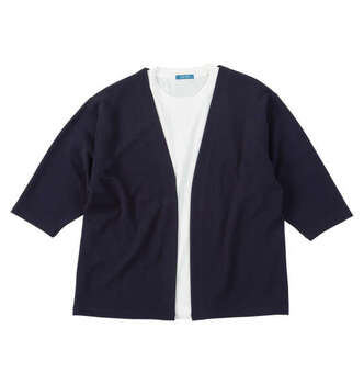 大きいサイズ COLLINS ふくれジャガードトッパー七分袖カーディガン+天竺半袖Tシャツ 3L 4L 5L 6L 8L ネイビー×ホワイト ラッピング可 送料無料 即日発送