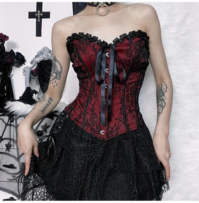 コルセット ブラックレースリボン S M L 黒色 ベスト フック ボディー