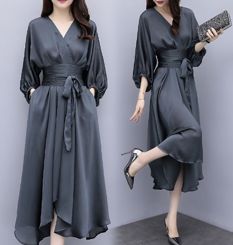 ワンピース ナチュラル きれいめ カジュアル おしゃれ ロングワンピース グレー Vネック ロング丈 とろみ ワンピ 5分袖 7分袖 パーティ 謝恩会 結婚式 セレモニー フォーマル 春 夏 春夏 秋 ワンピース ナチュラル きれいめ カジュアル おしゃれ ロング