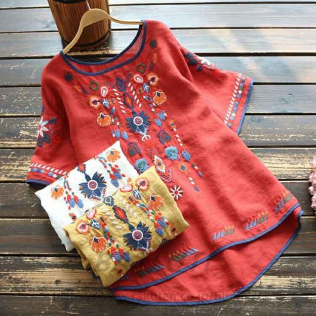 刺繍 ブラウス チュニック Tシャツ トップス 花柄刺繍 半袖 ハーフ袖 