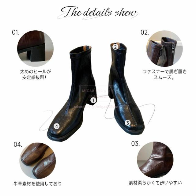 シートブョーツ レィーデス 歩きやすい ブース ツクエアトゥ ストレッチ ローヒール 黒ブラック 痛くない 履きやすい 柔らかい 防寒 本革 静音ソール 裏起毛 6.5cm おしゃれ 伸縮 4.5cm_4