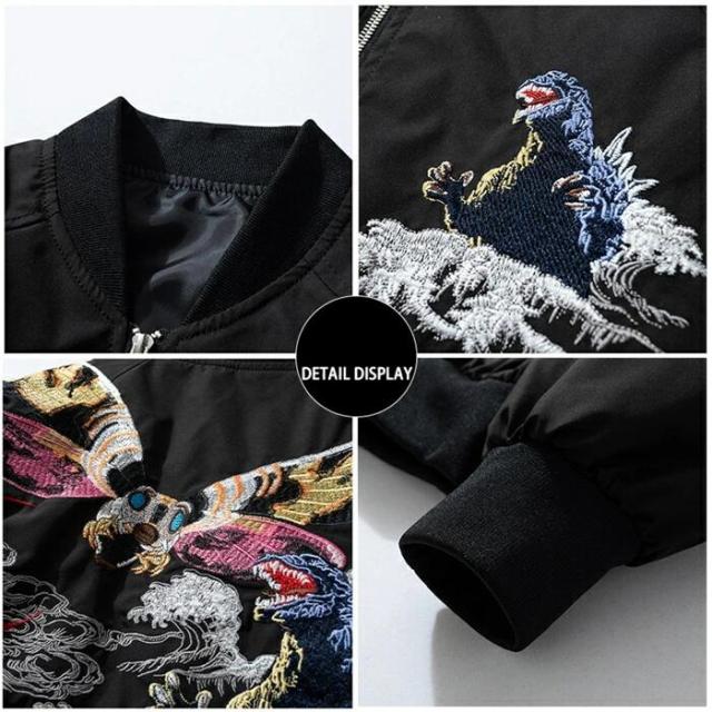 リバーシブル 大きいサイズ 刺繍 サテン 春秋冬 ジャンバー 黒 メンズ ウルフ サ 和柄 光沢 アウター ブルゾン サテンジャケット_9
