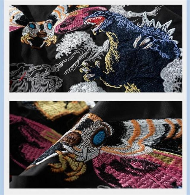 リバーシブル 大きいサイズ 刺繍 サテン 春秋冬 ジャンバー 黒 メンズ ウルフ サ 和柄 光沢 アウター ブルゾン サテンジャケット_2