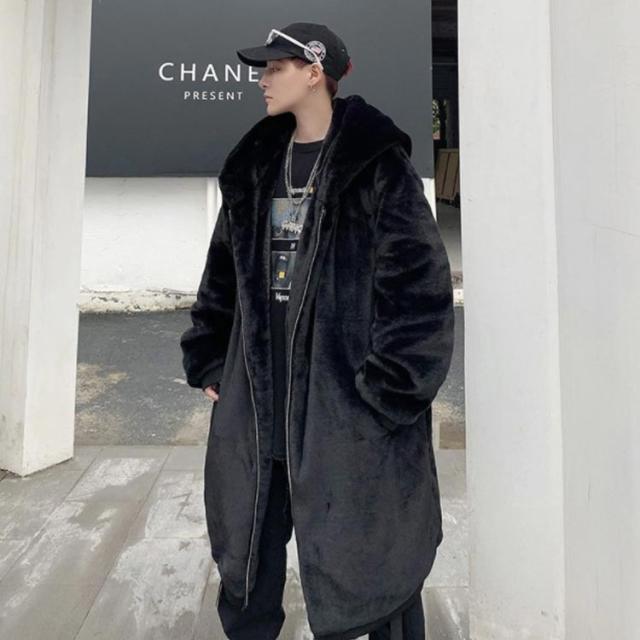 フェイクファー メンズ ゆったり ボアコート フード付き 厚手 ロング ファーコート オーバーサイズ あったか 冬 フリースコート_4