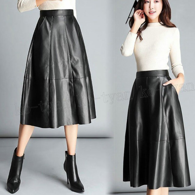 レザースカート スカート フレアスカート フェイクレザー ミディアム丈 レディース PU革 膝丈 ハイウェスト 無地 ファッション PUレザーの通販は 8,531円