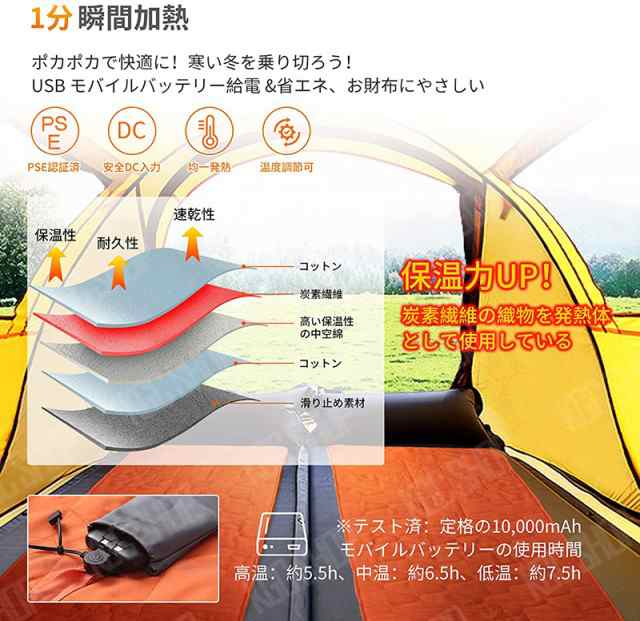 発熱寝袋用発熱パッド シュラフ ホットマット 速暖 3段階温度調整 寒さ