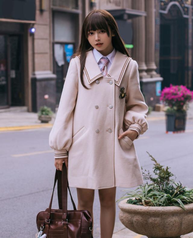 韓国学生服風 黒 ウールコート 温かく可愛い普段着 韓国学生服風 黒 ウールコート 温かく可愛い普段着