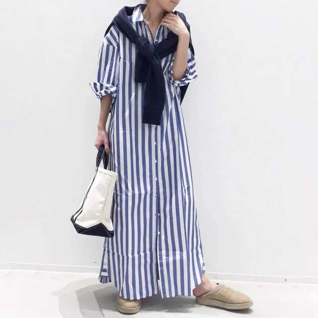 ワンピース レディース シャツワンピース シャツ 長袖 半袖 春夏 ストライプ シャツ ロングシャツ ロングワンピース きれいめ ミモレワンピ 30代 40代 ブルー 母の日 プレゼントの通販は