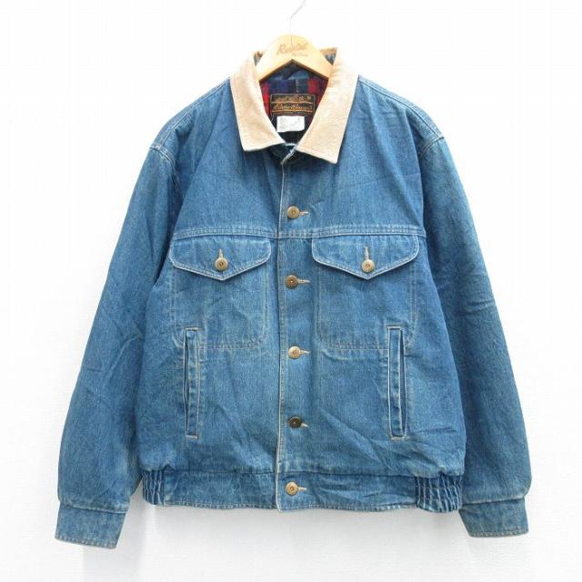 古着 エディーバウアー 長袖 ジージャン メンズ 90年代 90s 襟コーデュロイ ロング丈 コットン 紺 ネイビー デニム 内側ウール 中古 古着