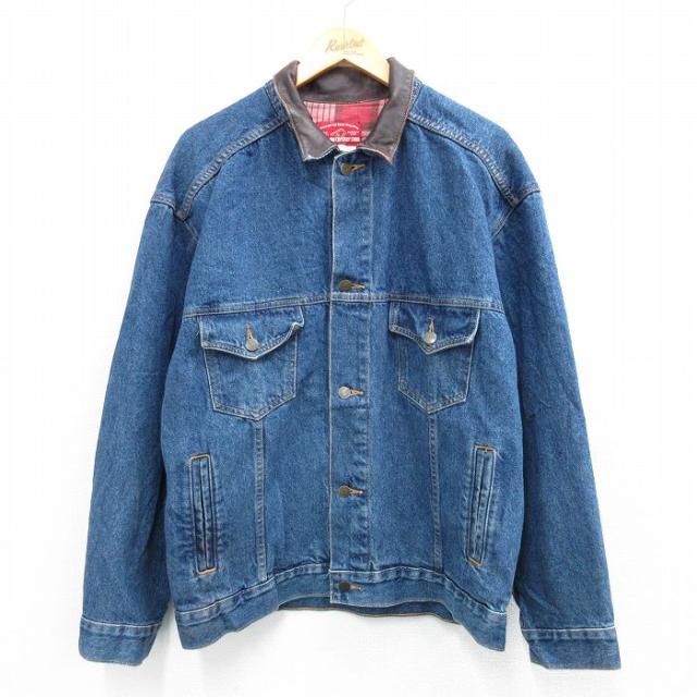 古着 マルボロ 長袖 ジージャン メンズ 90年代 90s 襟レザー コットン 紺 ネイビー デニム spe Lサイズ 中古 アウター Gジャン 中古 古着