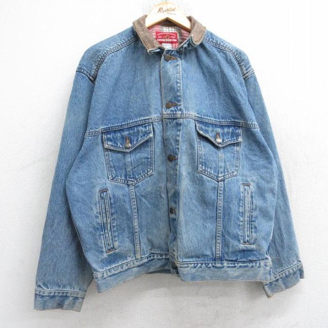 古着 マルボロ 長袖 ジージャン メンズ 90年代 90s 襟レザー コットン 紺 ネイビー デニム XLサイズ 中古 アウター Gジャン ジ 中古 古着