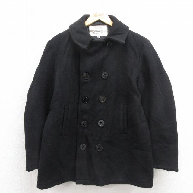 古着 長袖 ミリタリー ピーコート Pコート メンズ ウール USA製 黒 ブラック 内側キルティング Lサイズ 中古 アウター 中古 古着