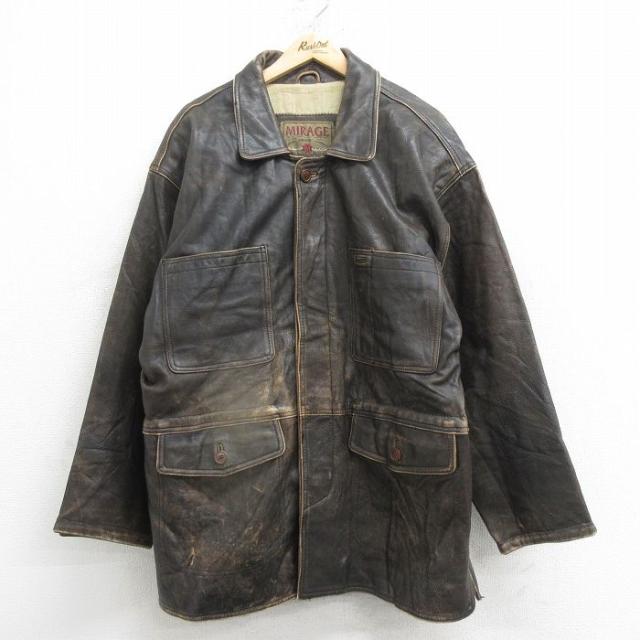 古着 ミラージュ MIRAGE 長袖 レザー ジャケット メンズ 00年代 00s ロング丈 濃茶 ブラウン XLサイズ 中古 アウター 革ジャン 中古 古着の通販は