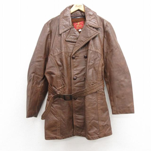古着 長袖 レザー ジャケット メンズ 80年代 80s ロング丈 茶 ブラウン 内側ファー Lサイズ 中古 アウター 革ジャン 皮ジャン 中古 古着の通販は