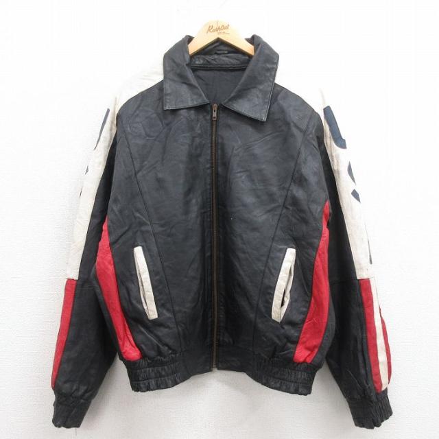 古着 長袖 レザー ジャケット メンズ 星条旗 黒 ブラック spe XLサイズ