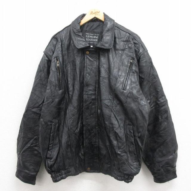 古着 長袖 レザー ジャケット メンズ パッチワーク 大きいサイズ 黒 ブラック spe XLサイズ 中古 アウター 革ジャン 皮ジャン 中古 古着