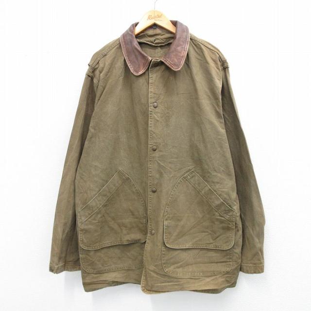 古着 ウールリッチ WOOLRICH 長袖 ハンティング ジャケット メンズ 90年代 90s ダック地 襟レザー 大きいサイズ ロング丈 コッ 中古 古着