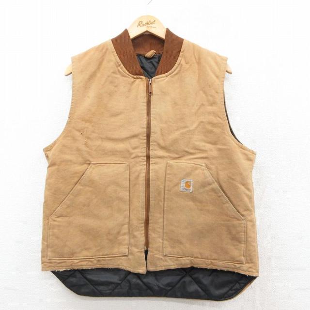古着 カーハート Carhartt ベスト メンズ ワンポイントロゴ ダック地 ベージュ カーキ 内側キルティング spe Lサイズ 中古 ア 中古 古着