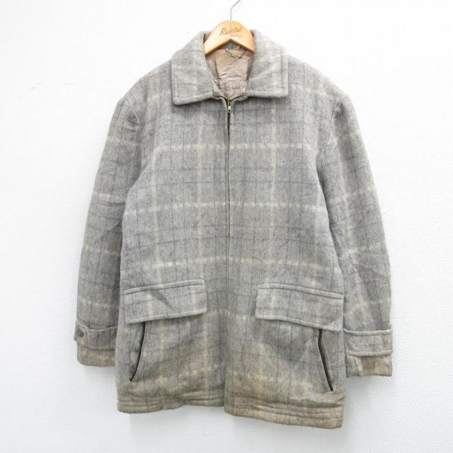 古着 長袖 ビンテージ ウール ジャケット メンズ 50年代 50s ロング丈 グレー他 チェック 内側キルティング spe XLサイズ 中古 中古 古着