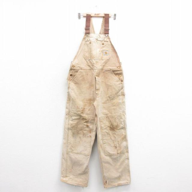 古着 カーハート Carhartt オーバーオール メンズ 90年代 90s ダブルニー ダック地 コットン USA製 ベージュ カーキ spe W38  中古 古着