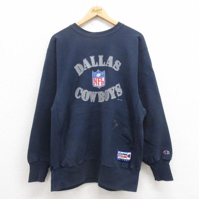 古着 長袖 チャンピオン Champion リバースウィーブ メンズ 90年代 90s NFL ダラスカウボーイズ クルーネック 紺 ネイビー ア 中古 古着