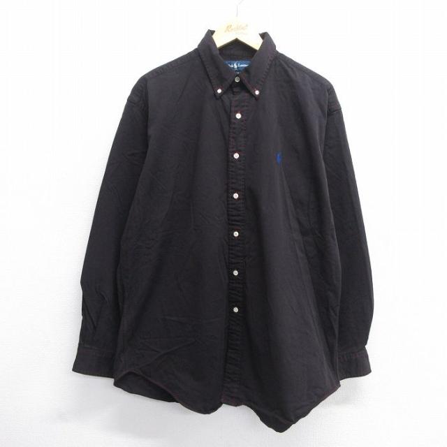 古着 長袖 ブランド シャツ メンズ 90年代 90s ワンポイントロゴ BLAKE 大きいサイズ ロング丈 コットン ボタンダウン 黒 ブラ 中古 古着