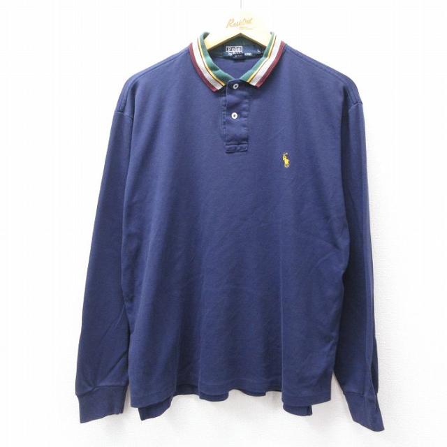 古着 ラルフローレン Ralph Lauren 長袖 ブランド ポロ シャツ メンズ 90年代 90s ワンポイントロゴ コットン USA製 濃紺他 ネ 中古 古着
