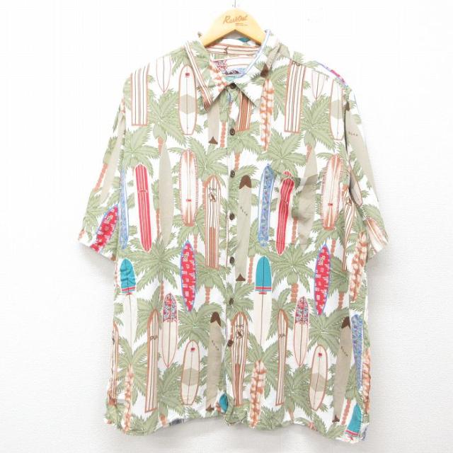 古着 レインスプーナー REYN SPOONER 半袖 ハワイアン シャツ メンズ 90年代 90s ヤシの木 サーフボード 総柄 大きいサイズ レ 中古 古着