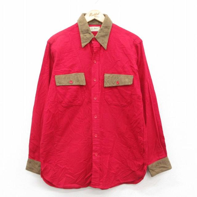 古着 エルエルビーン LLBEAN 長袖 ウール シャツ メンズ 80年代 80s 襟スエード 赤 レッド spe Lサイズ 中古 トップス 中古 古着