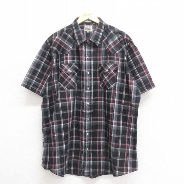 古着 ELY 半袖 ウエスタン シャツ メンズ 90年代 90s 大きいサイズ ロング丈 黒他 ブラック チェック XLサイズ 中古 トップス 中古 古着