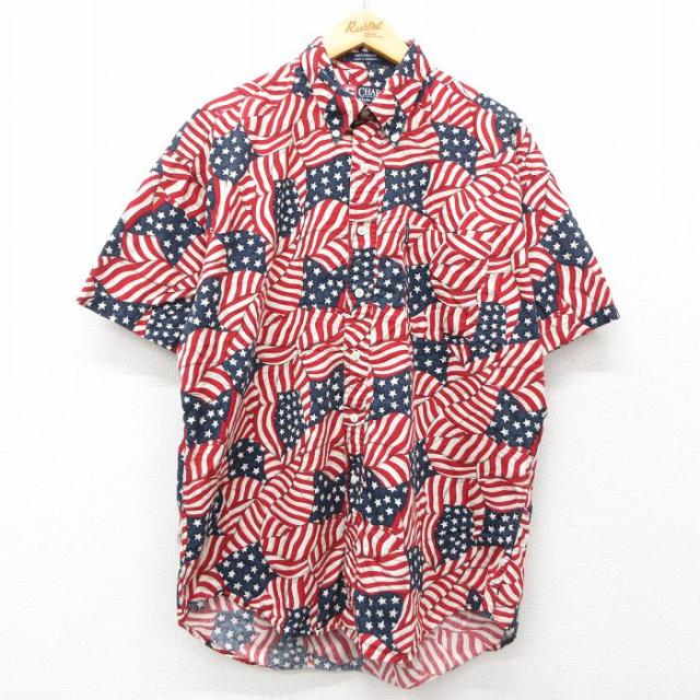 古着 ラルフローレン Ralph Lauren チャップス 半袖 ブランド シャツ メンズ 90年代 90s 星条旗 コットン ボタンダウン 赤他 中古 古着