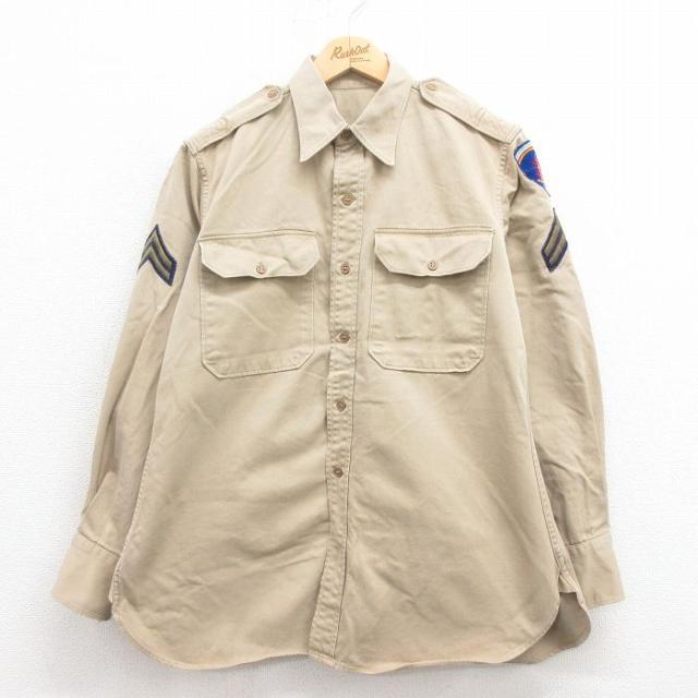 古着 長袖 ビンテージ ミリタリー シャツ メンズ 60年代 60s マチ付き ベージュ カーキ Lサイズ 中古 トップス 中古 古着