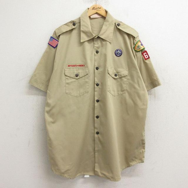 古着 半袖 ボーイスカウト シャツ メンズ 90年代 90s ワッペン 大きいサイズ ロング丈 USA製 ベージュ カーキ XLサイズ 中古 中古 古着